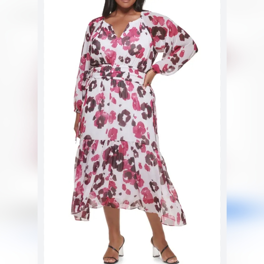 Calvin Klein Long Sleeve V Neck Tiered Skirt Midi Dress 16W